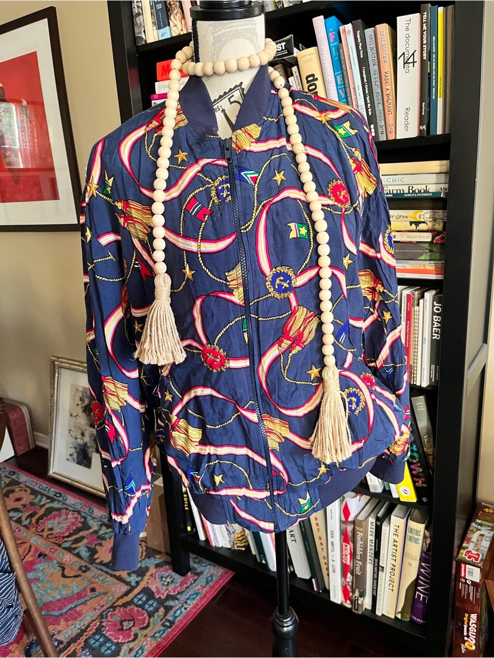 Vintage Alfred Dunner Women's Navy Patterned Bomber Jacket